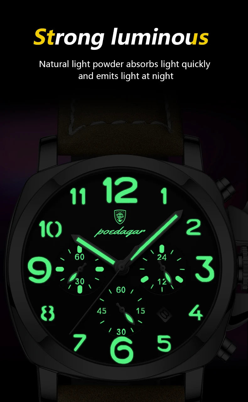 Military Style Chronograph Watch – Luminous Leather Strap with Date