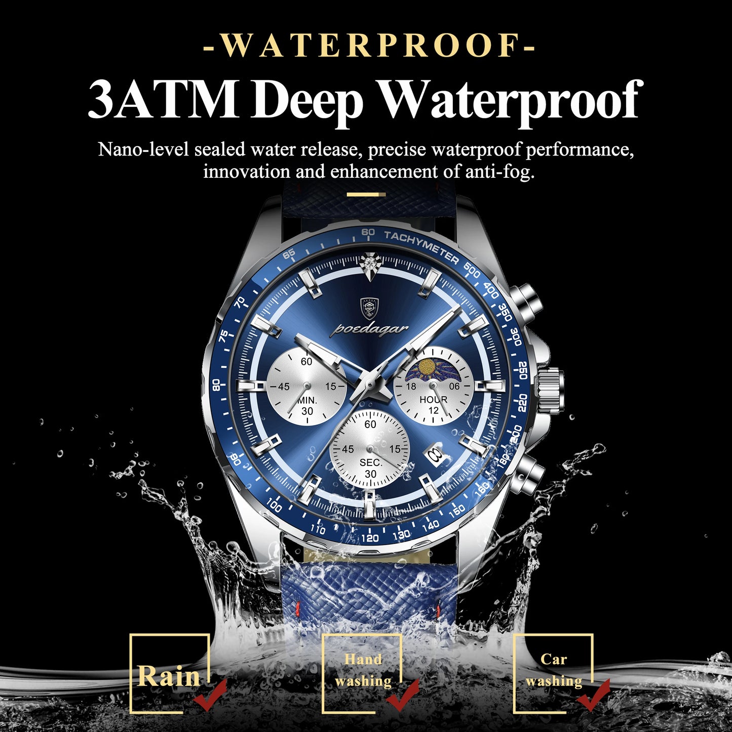 Leather Chronograph Watch – Luminous Dial with Date