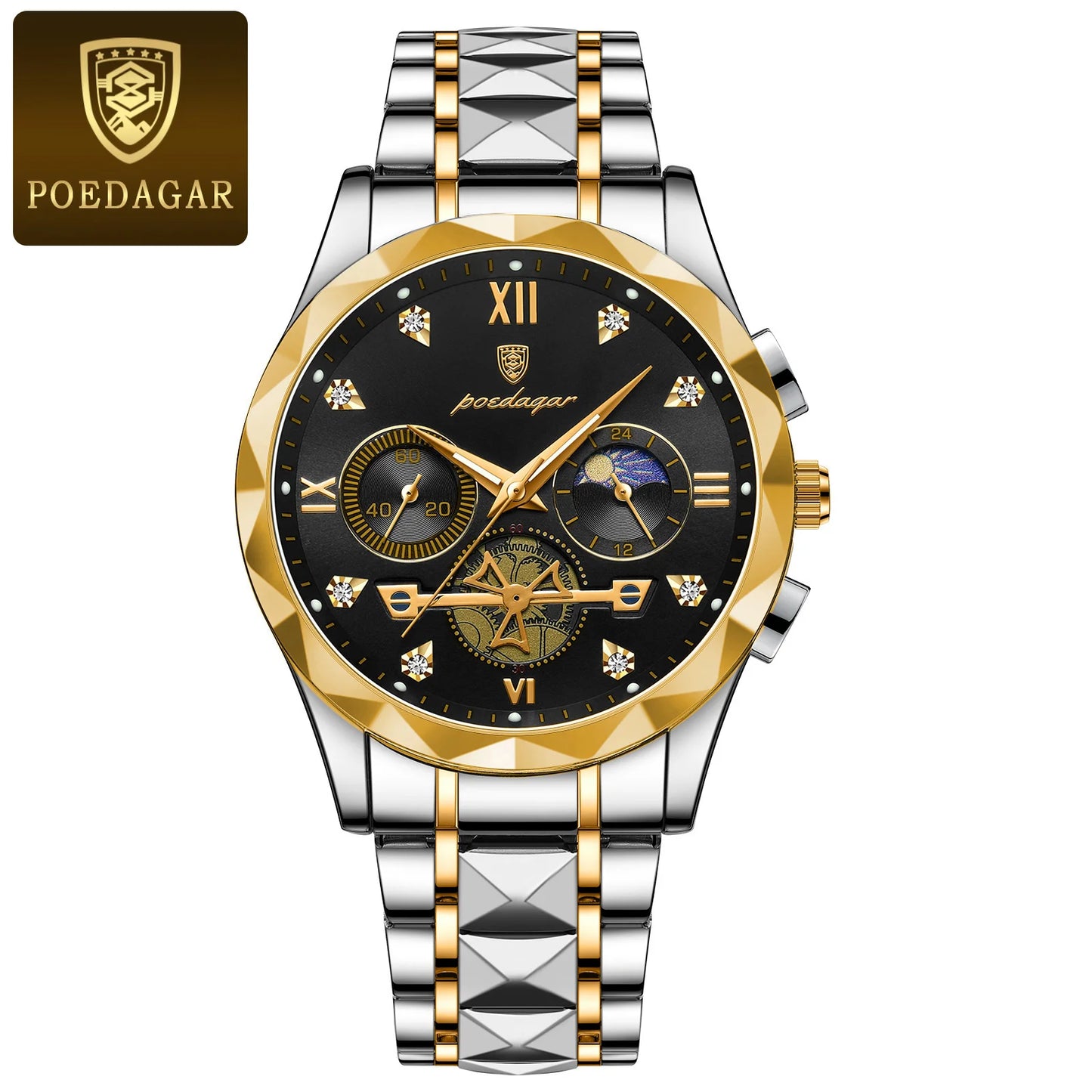 Round Chronograph Watch – Roman Numeral Dial with Hidden Clasp Bracelet