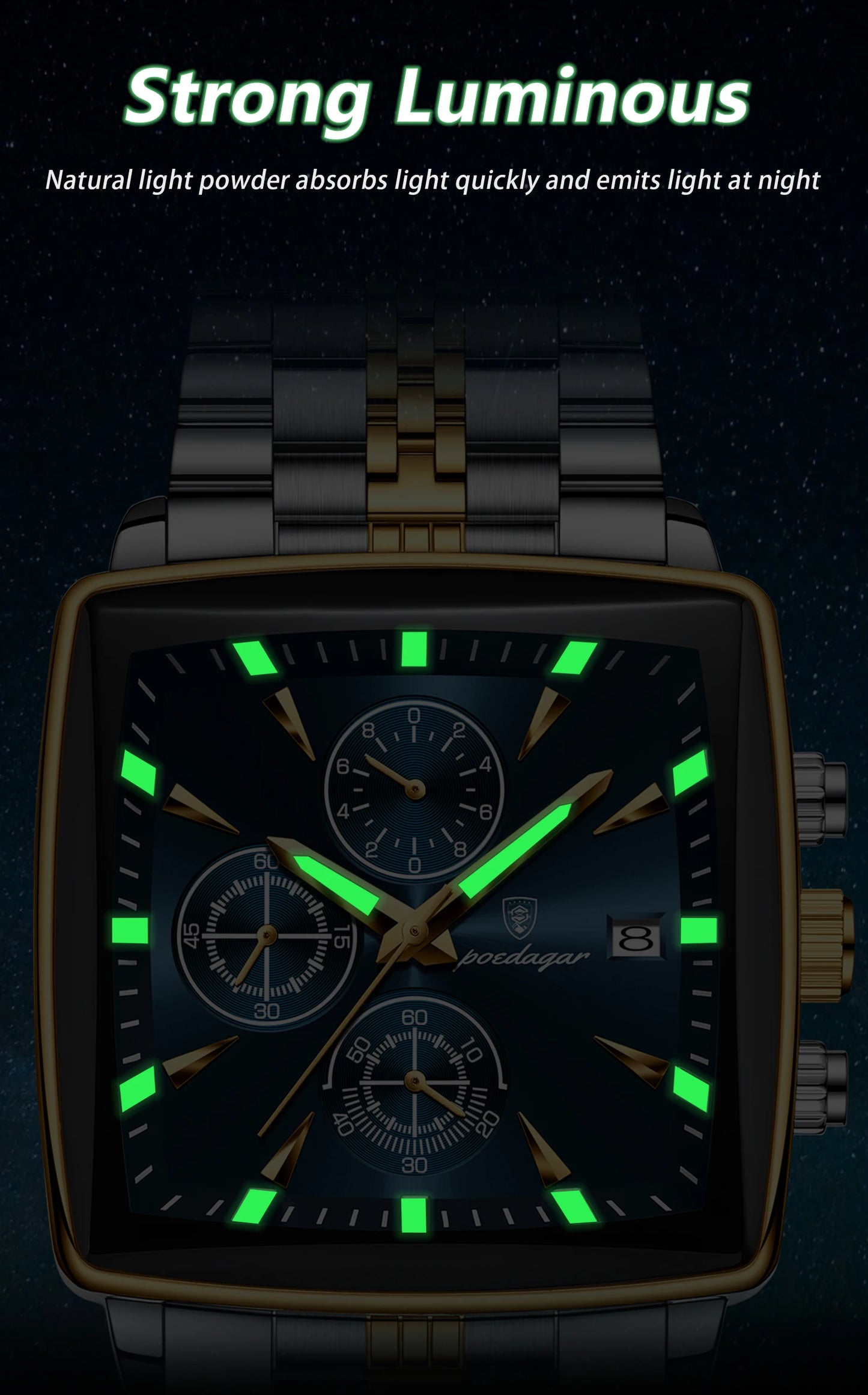 Square Chronograph Watch – Bold Numberless Dial with Hidden Clasp Bracelet