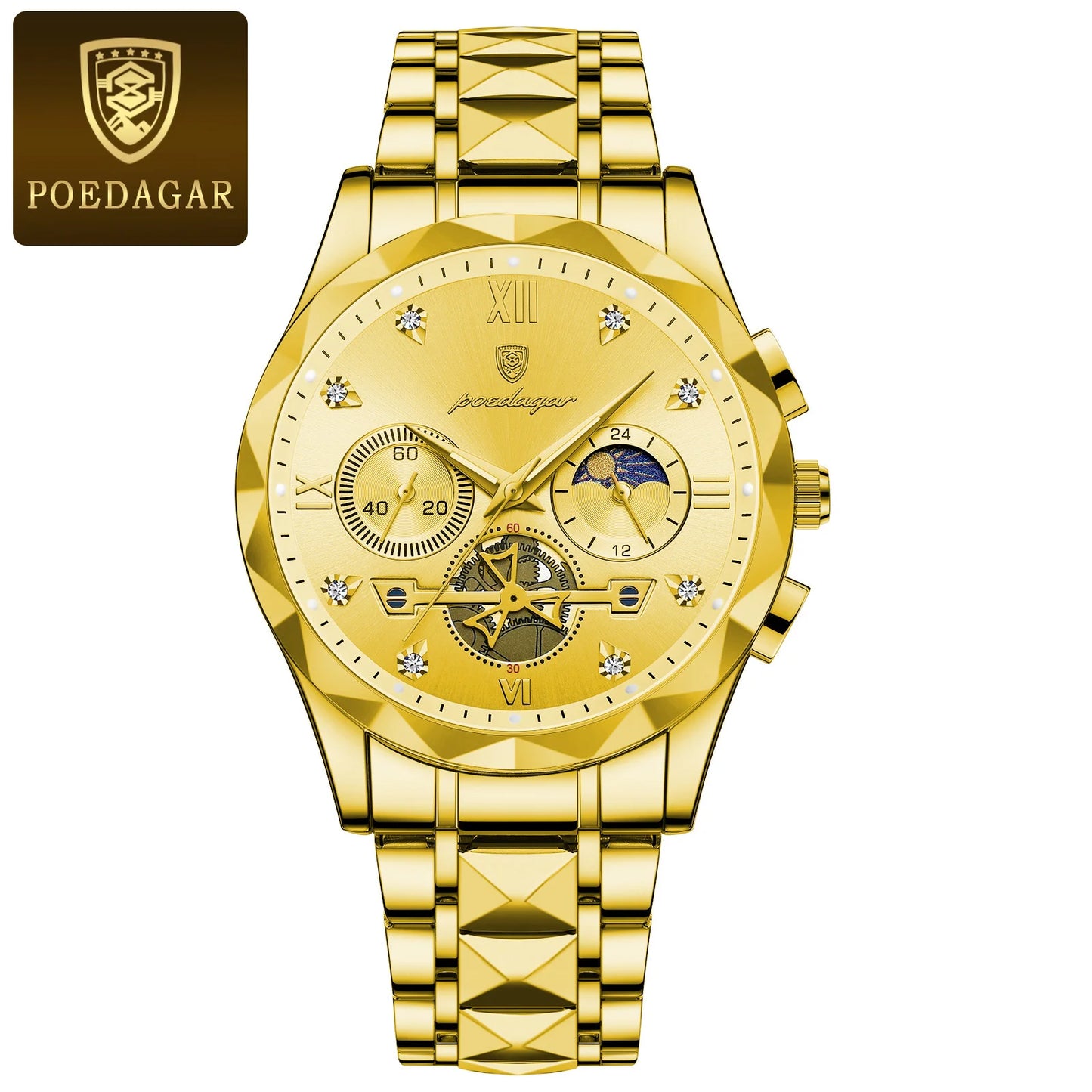 Round Chronograph Watch – Roman Numeral Dial with Hidden Clasp Bracelet