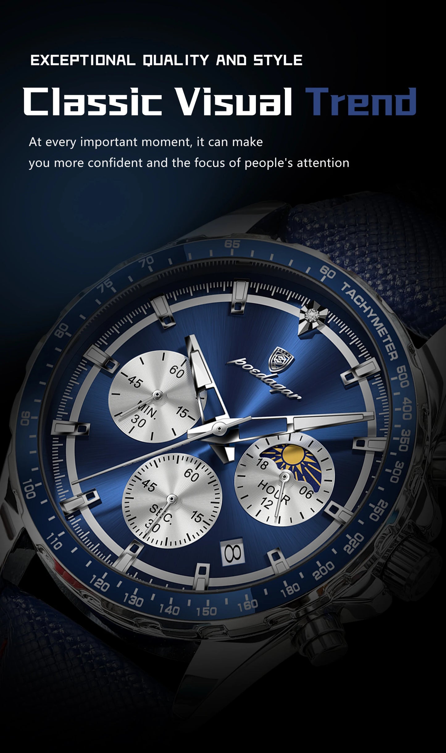 Leather Chronograph Watch – Luminous Dial with Date