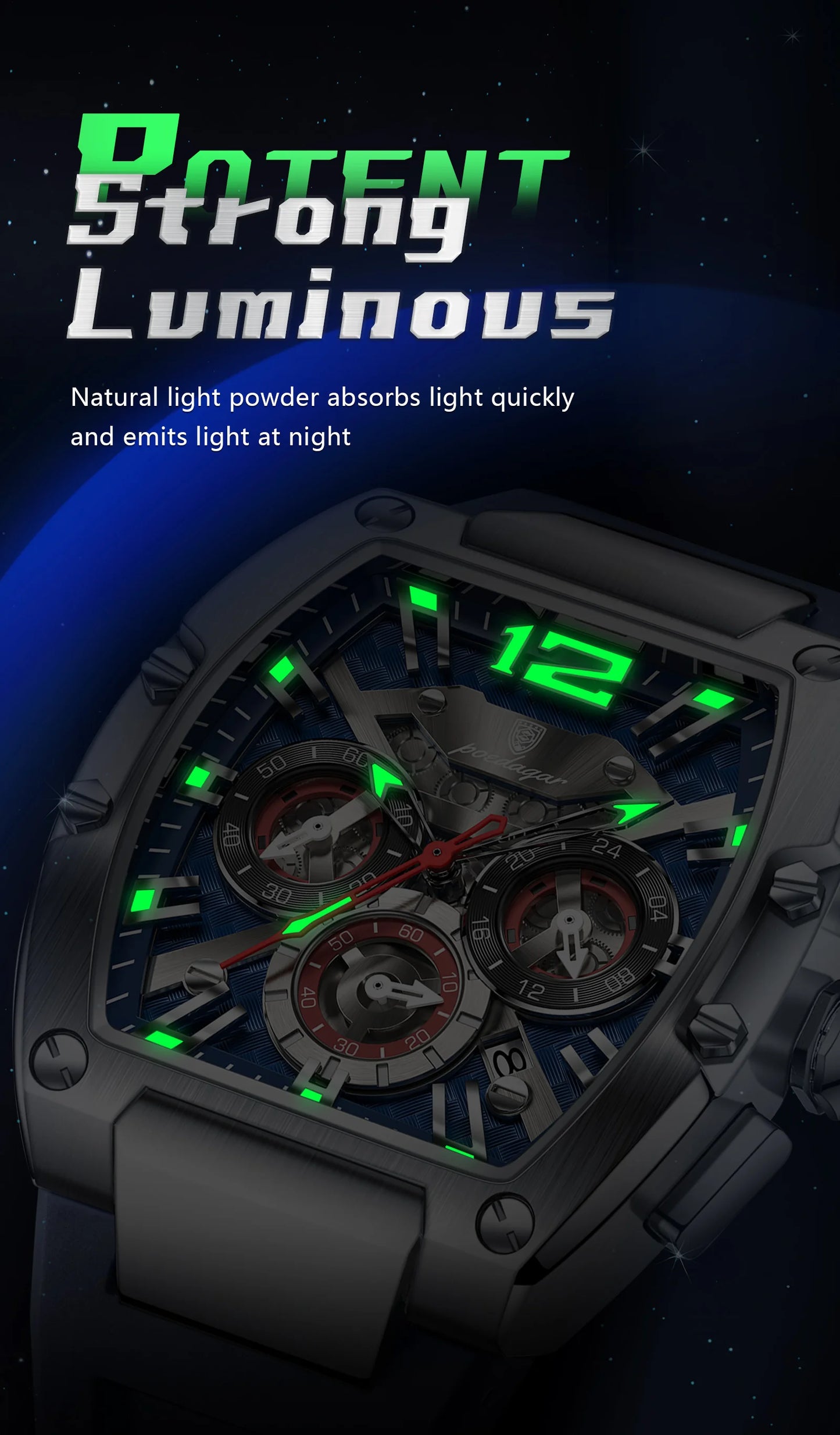 Bold Tonneau Timepiece – Luminous Chronograph with Premium Silicone Strap