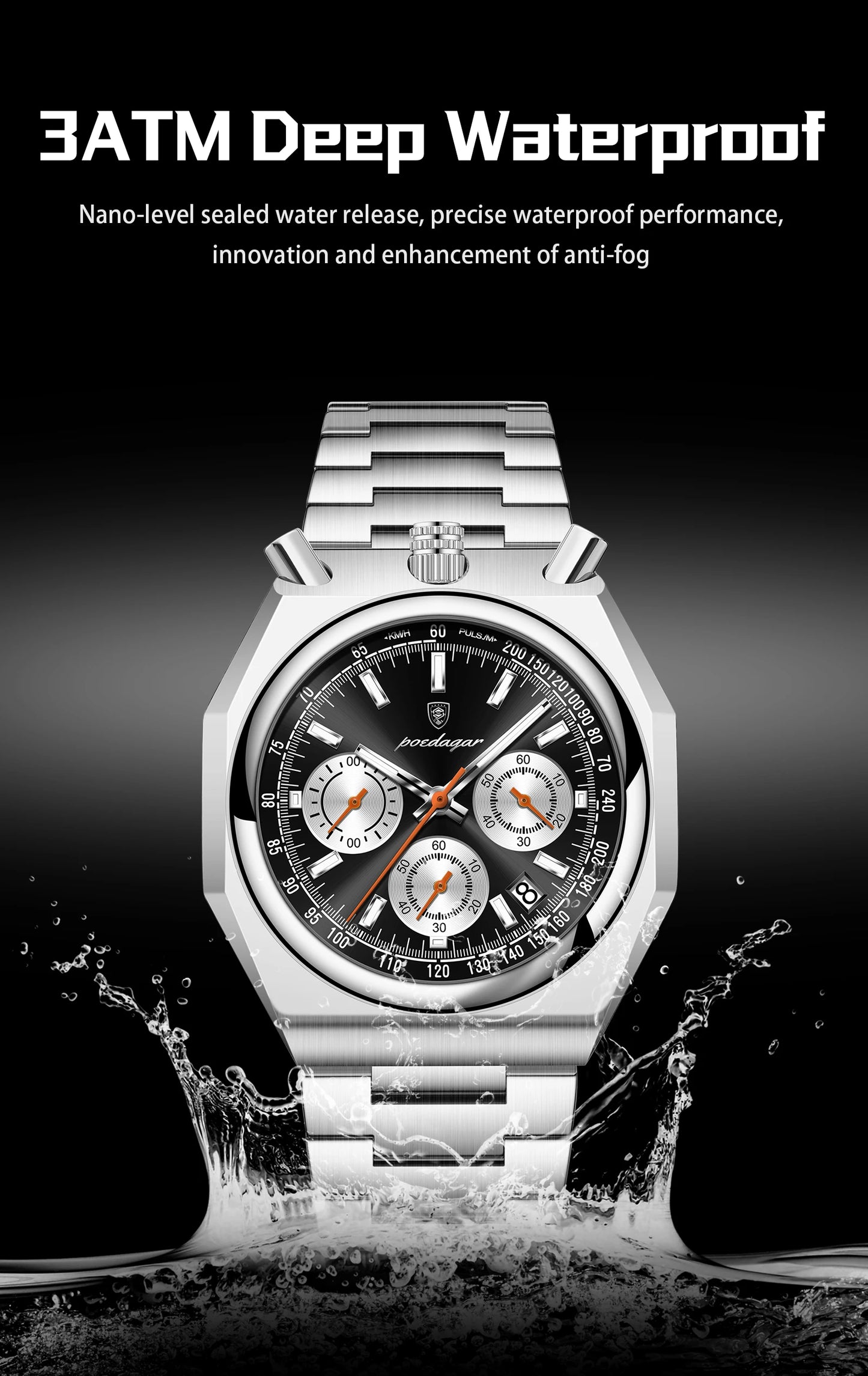 Irregular Chronograph Watch – Bold Numberless Dial with Hidden Clasp Bracelet