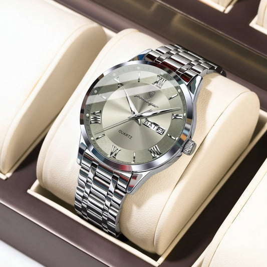 Roman Numeral Full Calendar Watch – Luminous Dial with Date, Week & Hidden Clasp