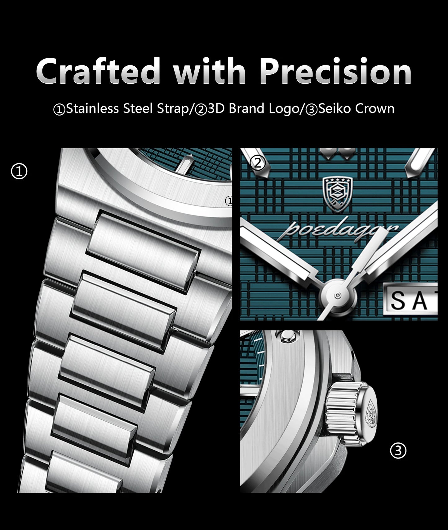 Full Calendar Business Watch – Luminous Stainless Steel with Hidden Clasp Bracelet
