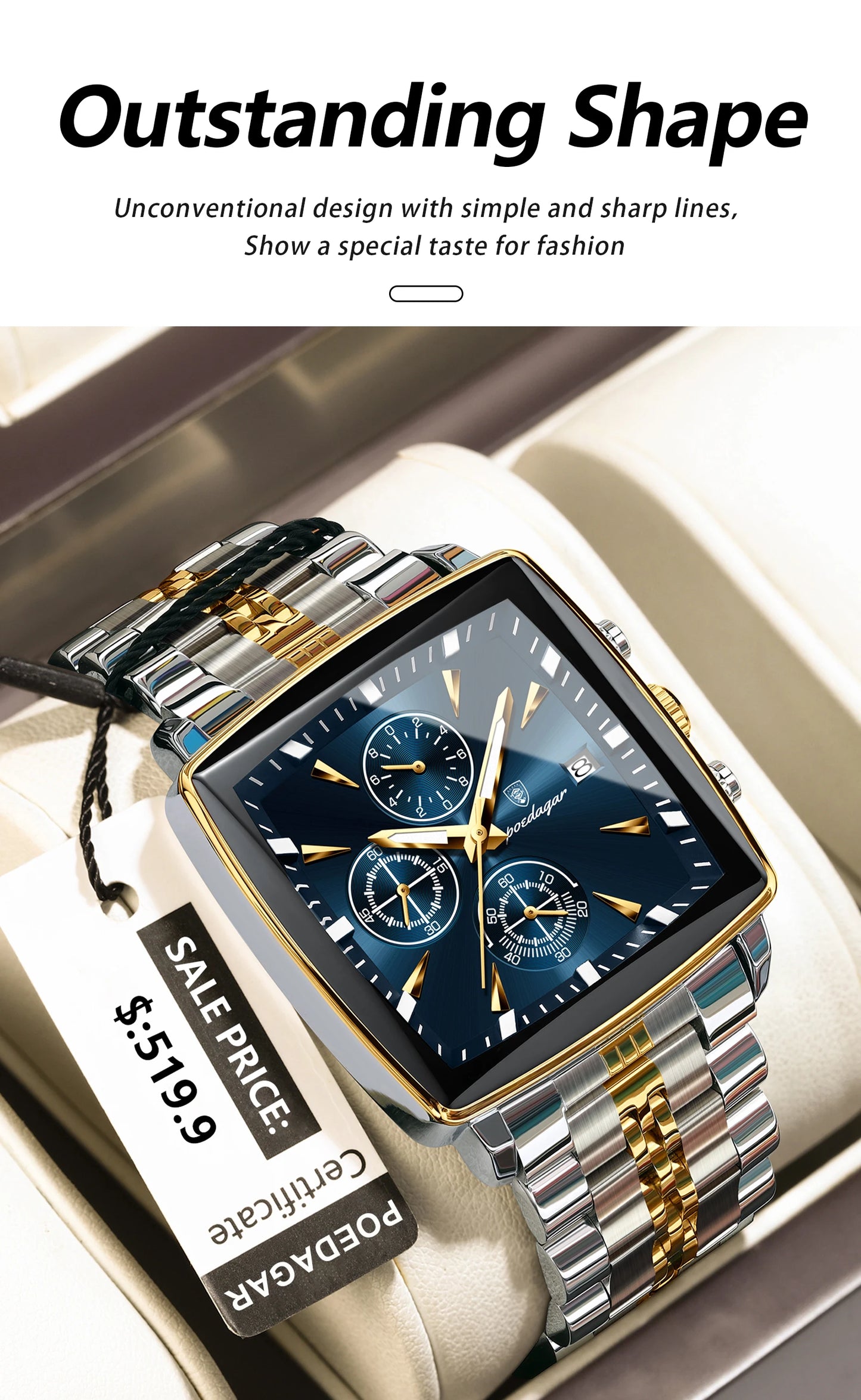 Square Chronograph Watch – Bold Numberless Dial with Hidden Clasp Bracelet
