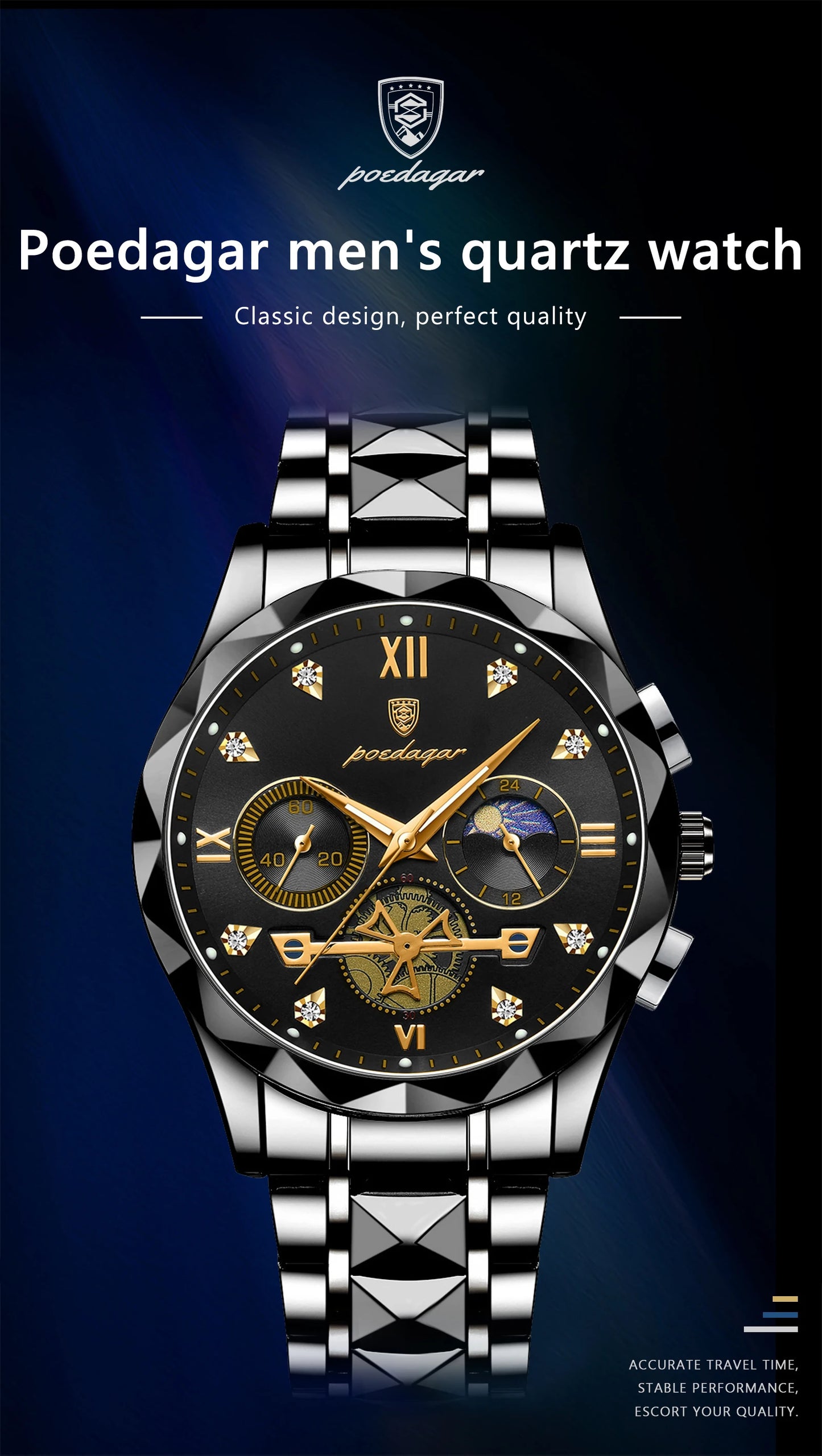 Round Chronograph Watch – Roman Numeral Dial with Hidden Clasp Bracelet