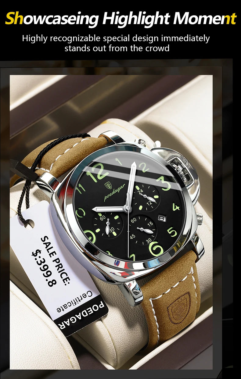 Military Style Chronograph Watch – Luminous Leather Strap with Date