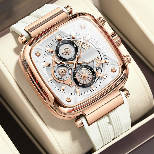Square Chronograph Sport Watch – Luminous Dial with Silicone Strap & Date