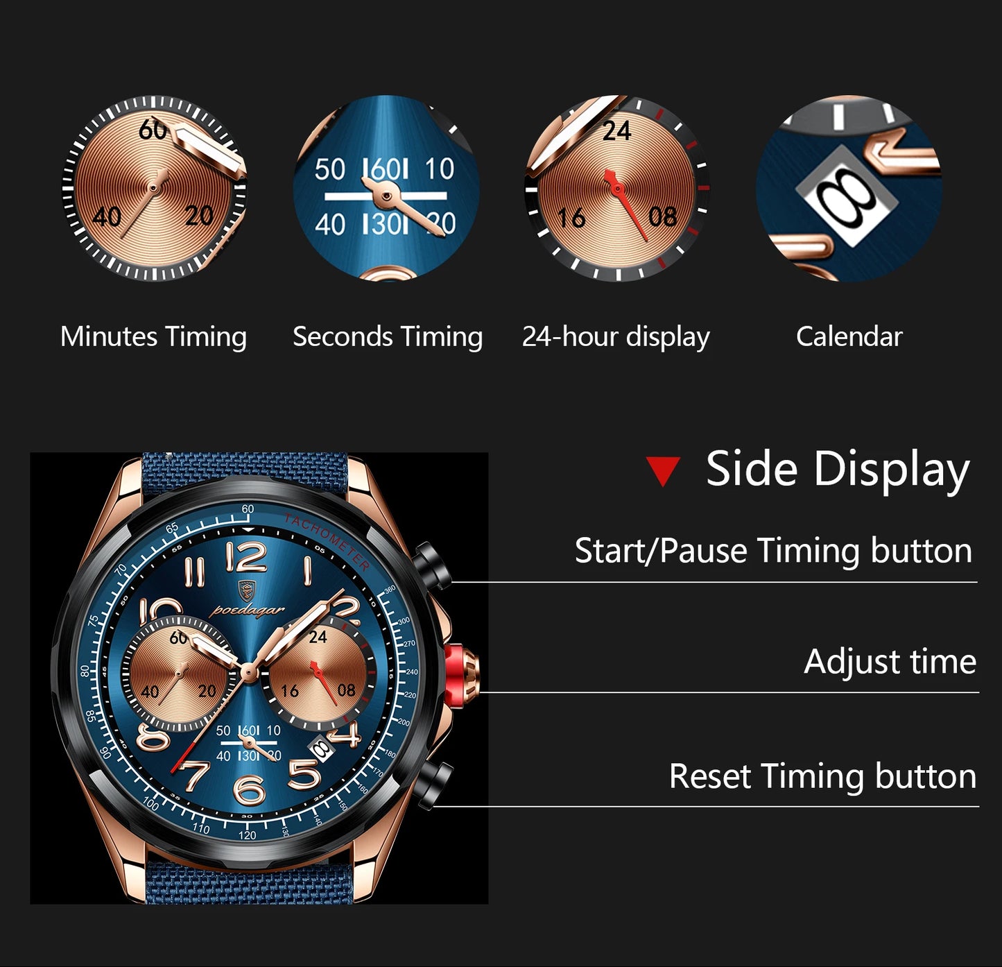 Chronograph Watch with Nylon Strap – Complete Calendar & Luminous Arabic Dial