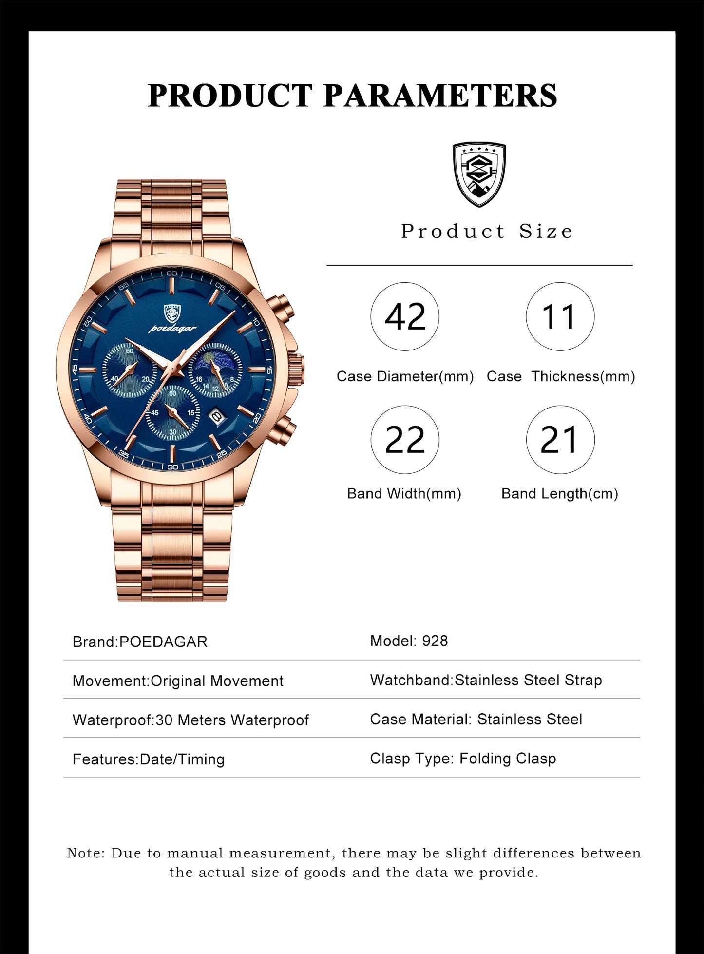 Moon Phase Full Calendar Watch – Luminous Dial with Stainless Steel Bracelet