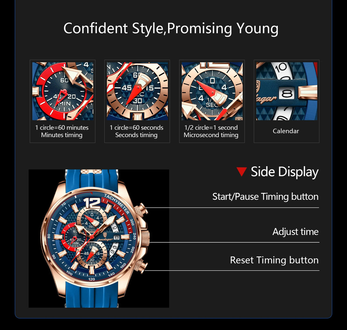 Chronograph Sport Watch – Large Arabic Dial with Silicone Strap & Full Calendar