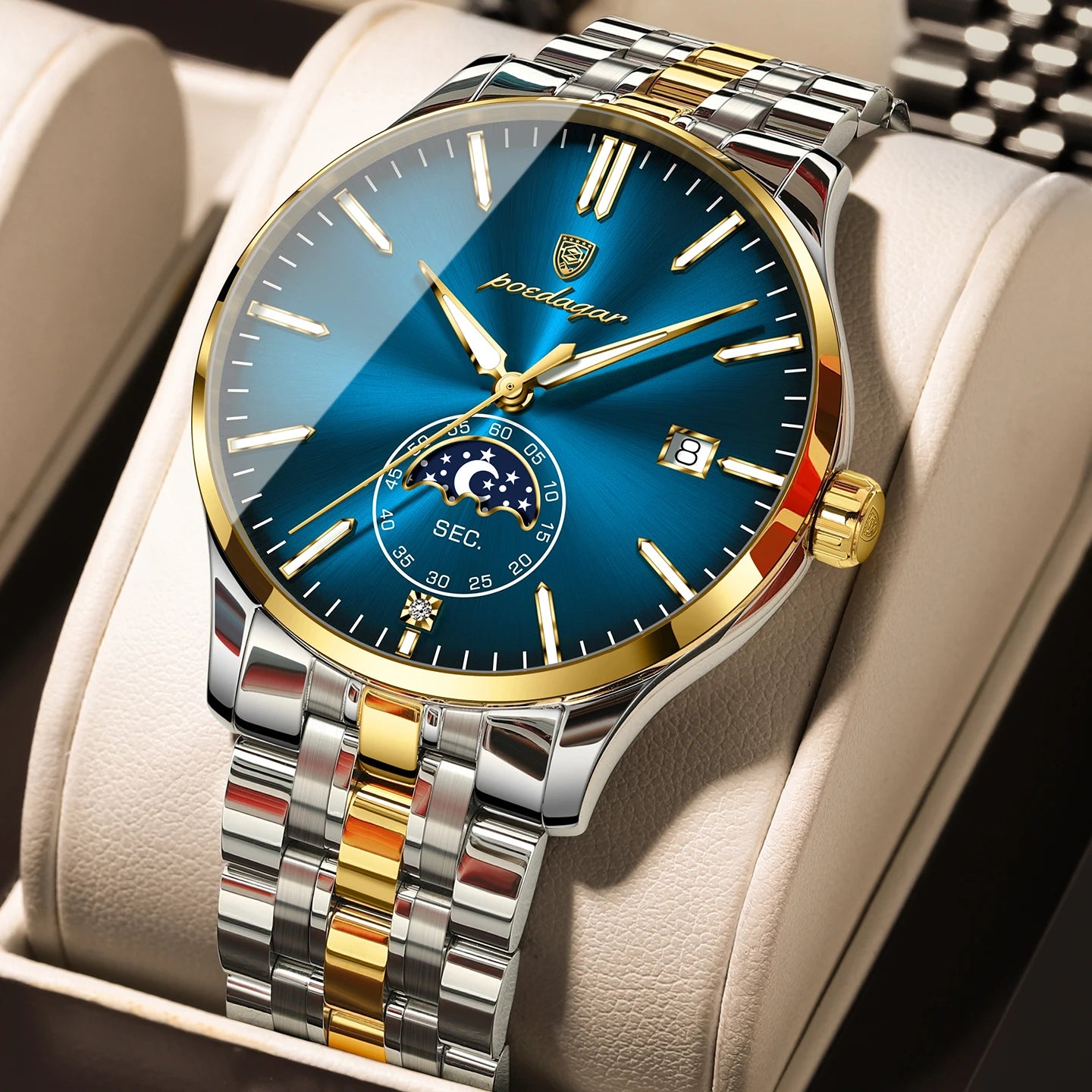 Round Business Chronograph – Slim Stainless Steel Watch with Luminous Hands & Date