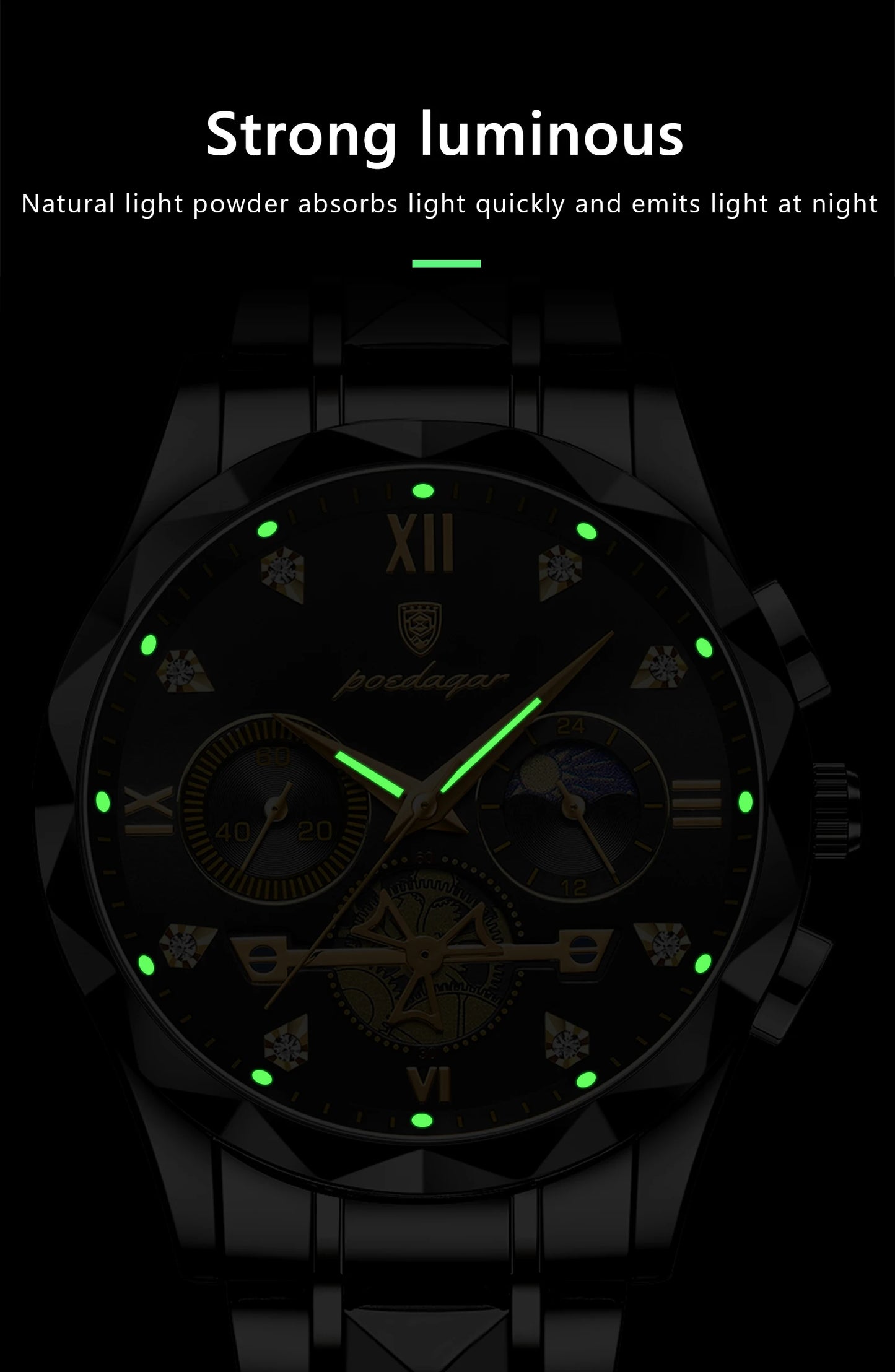 Round Chronograph Watch – Roman Numeral Dial with Hidden Clasp Bracelet