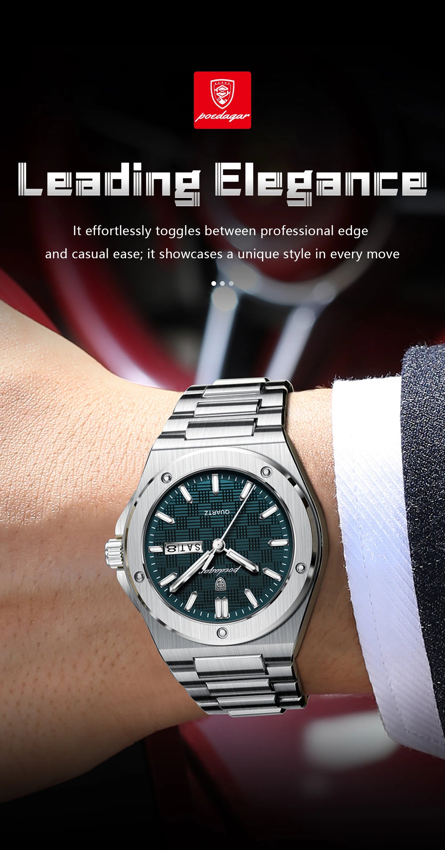 Full Calendar Business Watch – Luminous Stainless Steel with Hidden Clasp Bracelet
