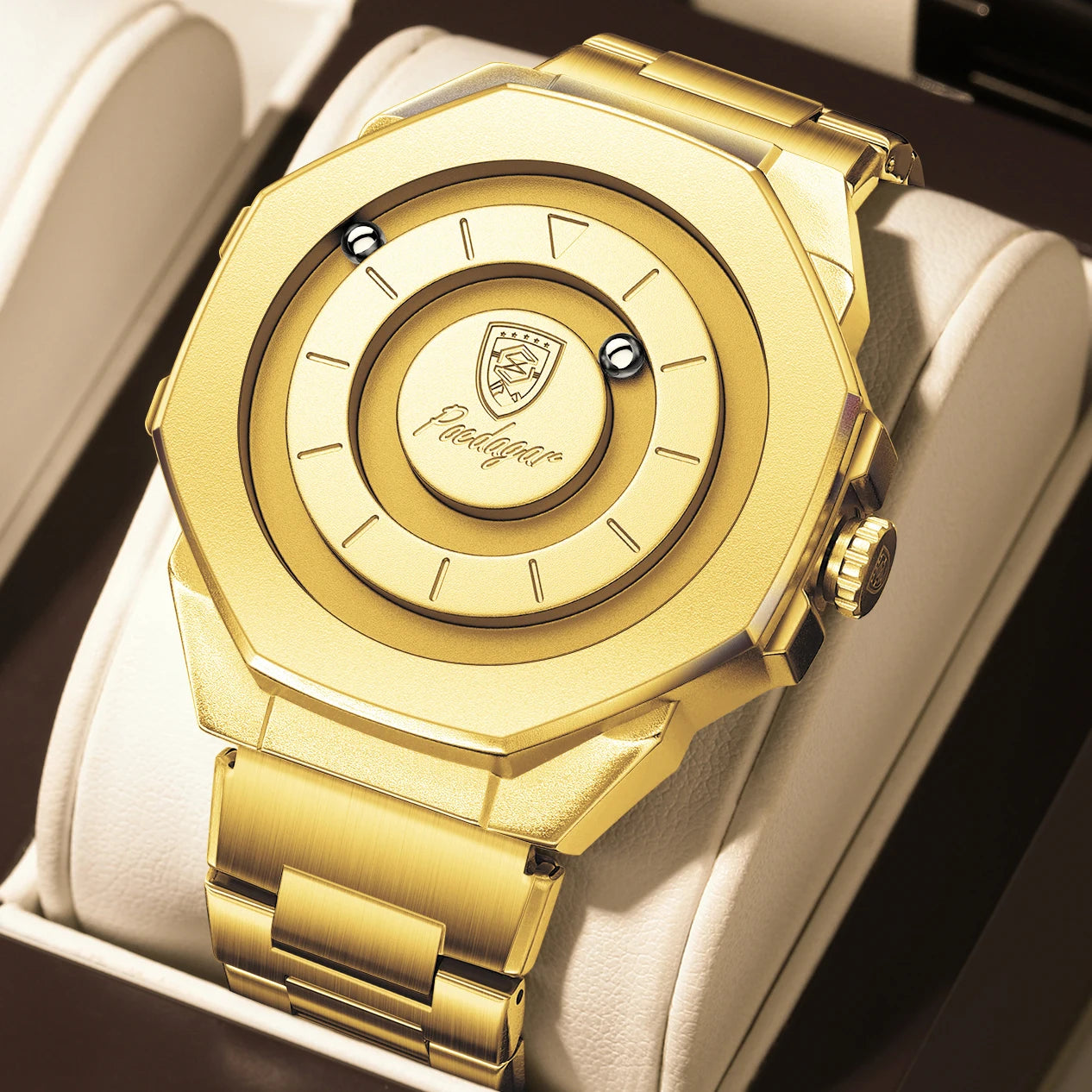 Sculpted Irregular Sport Watch – Large Numberless Dial with Hidden Clasp Bracelet