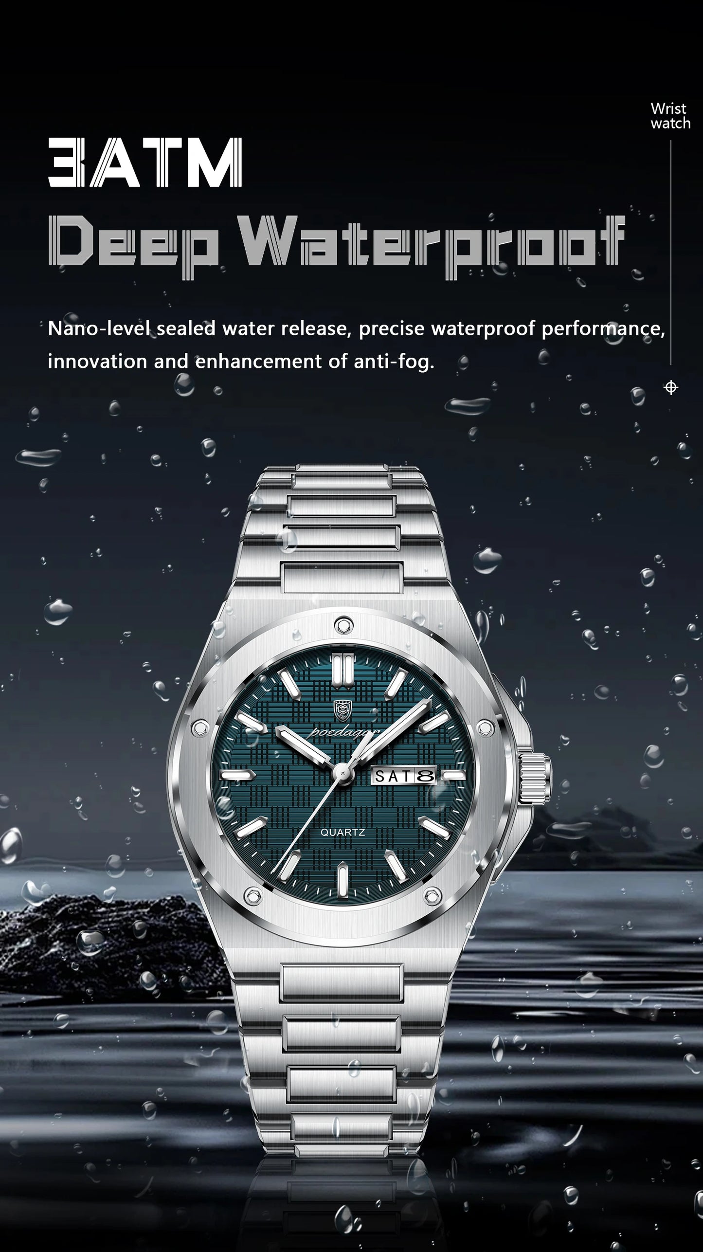 Full Calendar Business Watch – Luminous Stainless Steel with Hidden Clasp Bracelet