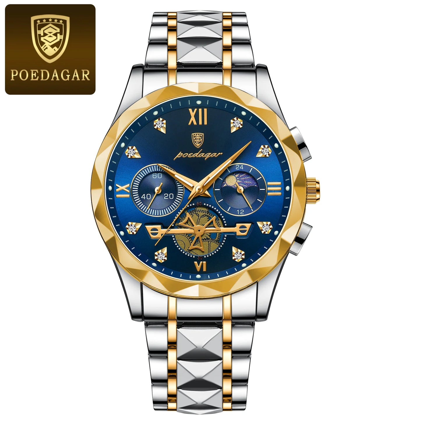 Round Chronograph Watch – Roman Numeral Dial with Hidden Clasp Bracelet