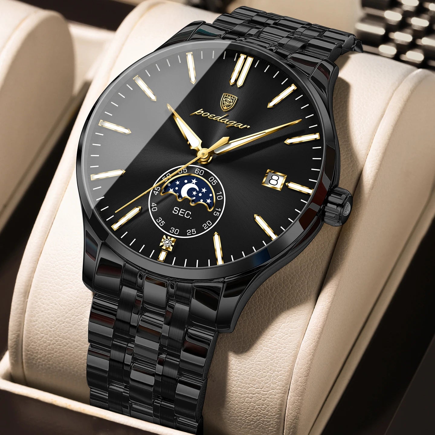 Round Business Chronograph – Slim Stainless Steel Watch with Luminous Hands & Date